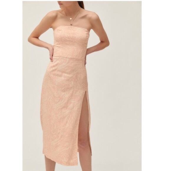 Urban Outfitters Strapless Linen Pink Zebra Slit Midi Dress Medium Animal Print - Picture 2 of 12